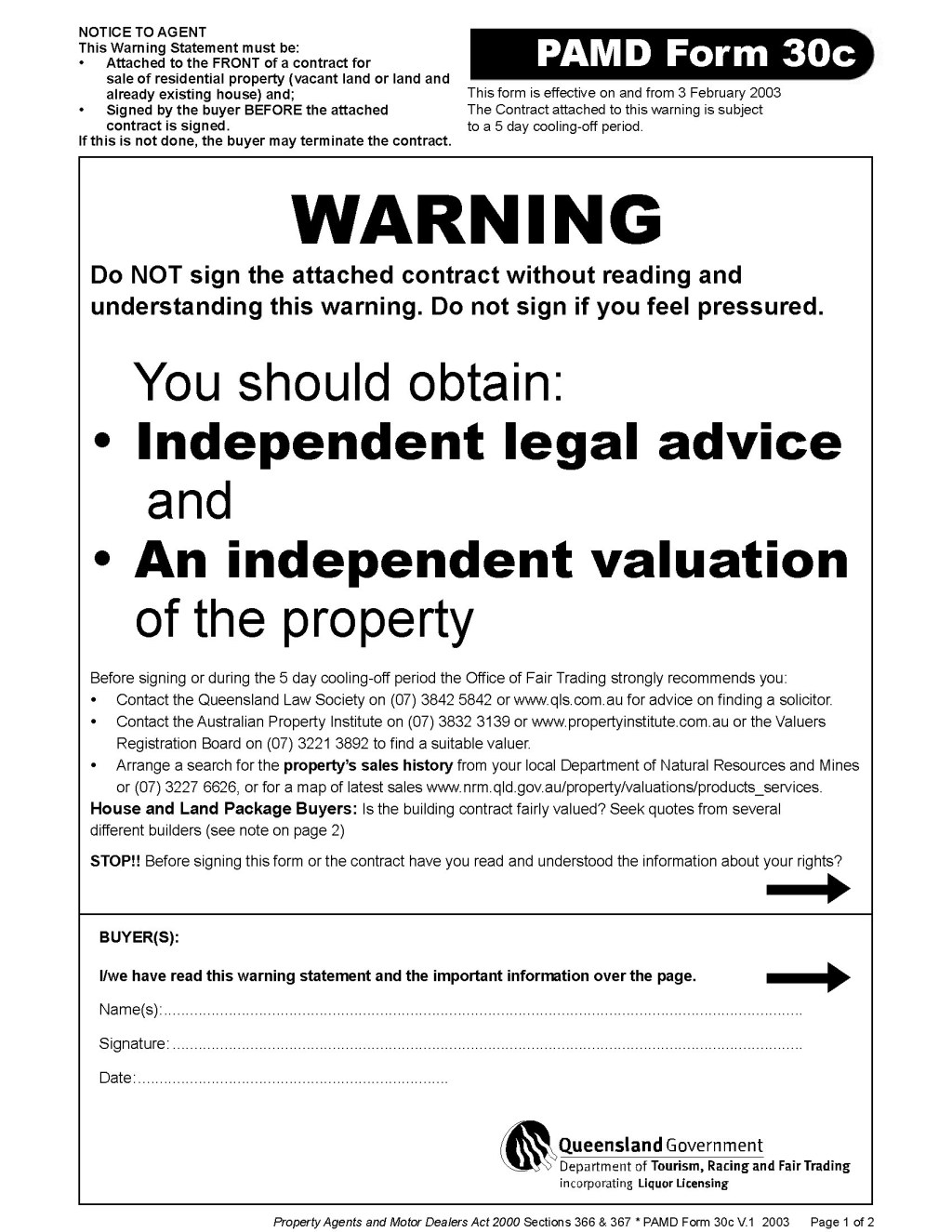 Picture of: Queensland PAMD Form c Contract Warning  Legal Forms and